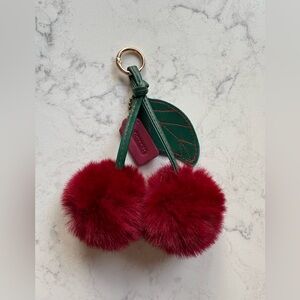 Coach Cherry Pom Pom Keychain Coach Leather Tag - Red and Green Bag Charm